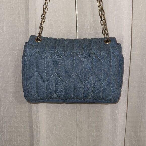 Talbots Gold Tone Chain Strap Leather Trim Quilted Denim Blue Shoulder Bag - Picture 4 of 16